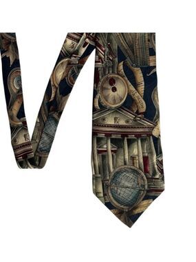 Vintage 100% Silk Tie Globe Architecture Dark Academia Nautical Print 90s EUC
